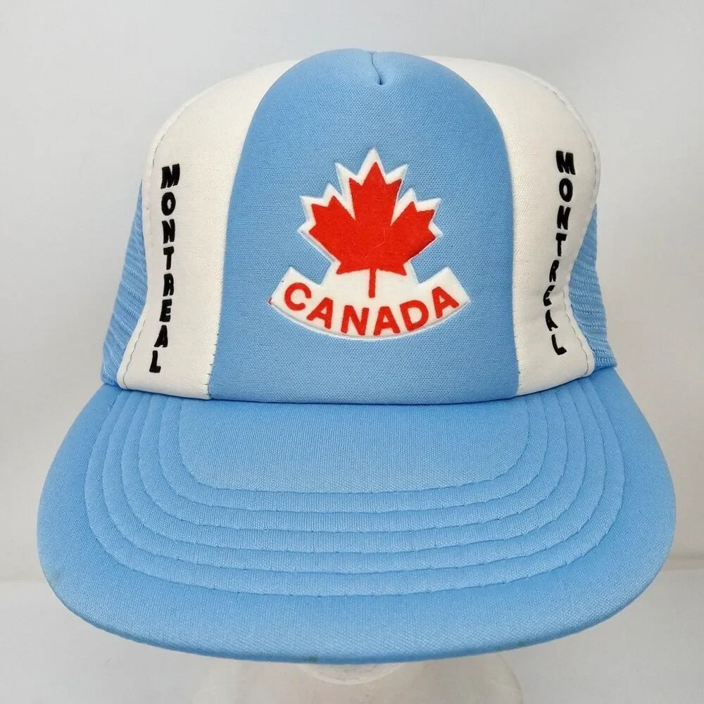 Vintage Montreal Canada Snapback Hat Mesh Trucker Cap 90s Maple Leaf Blue White